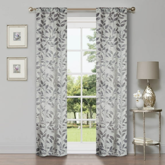 Superior Blackout Leaves Light Filtering Rod pocket Curtain Panel Set, 36"x72", Grey