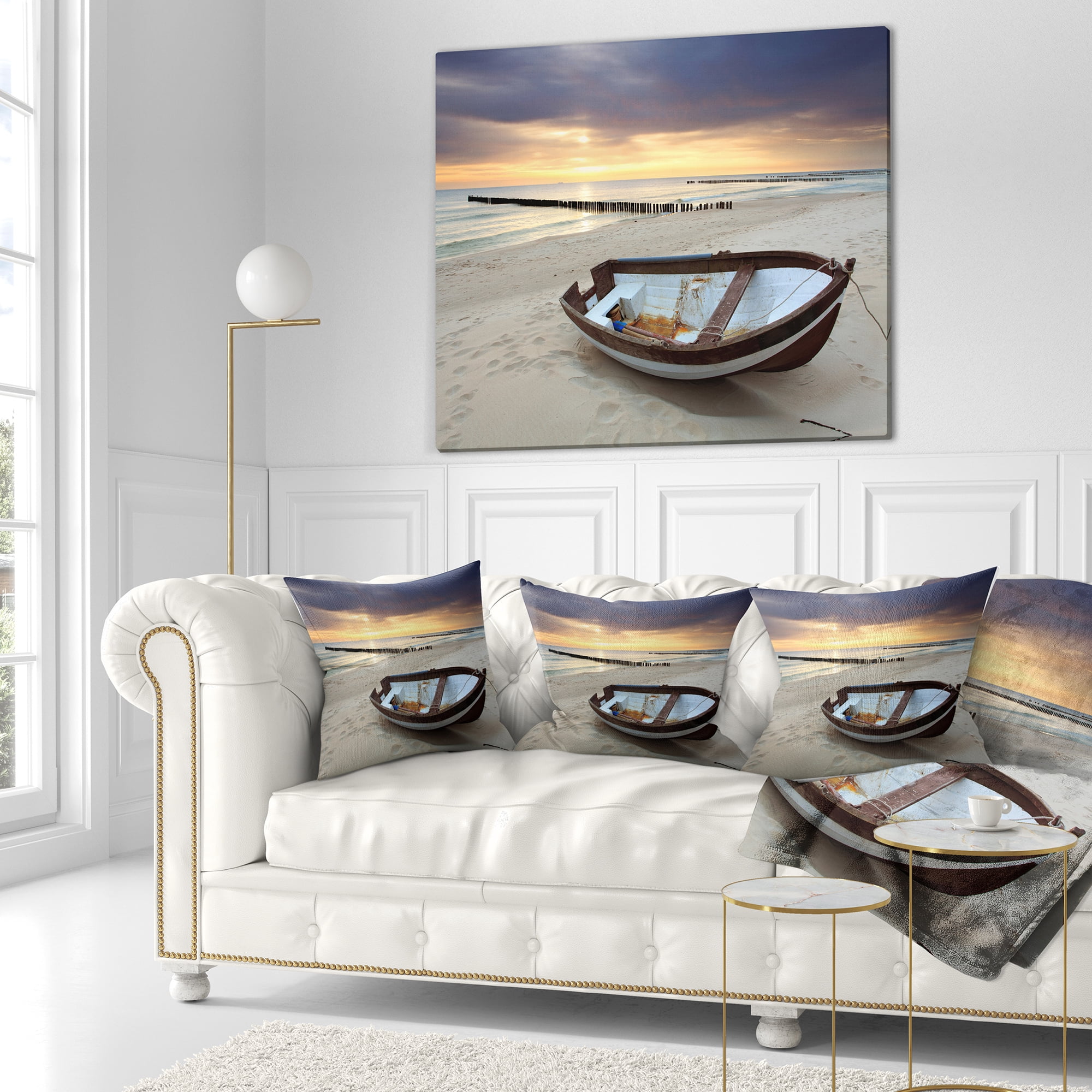 Designart Boat on Beautiful Sunrise Seashore - Beach Throw Pillow - 16x16