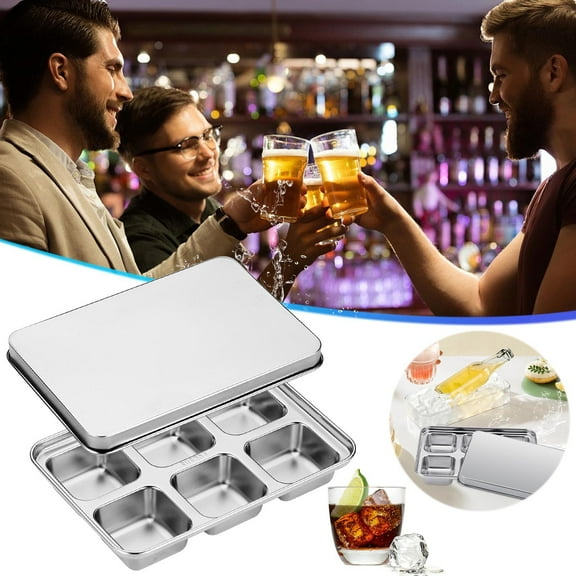 Stainless Steel Ice Cube Trays with Lid, Easy Release Metal for Freezer, Large Ice Cube Maker Ideal for Cocktails and Drinks, Reusable and Dishwasher Safe