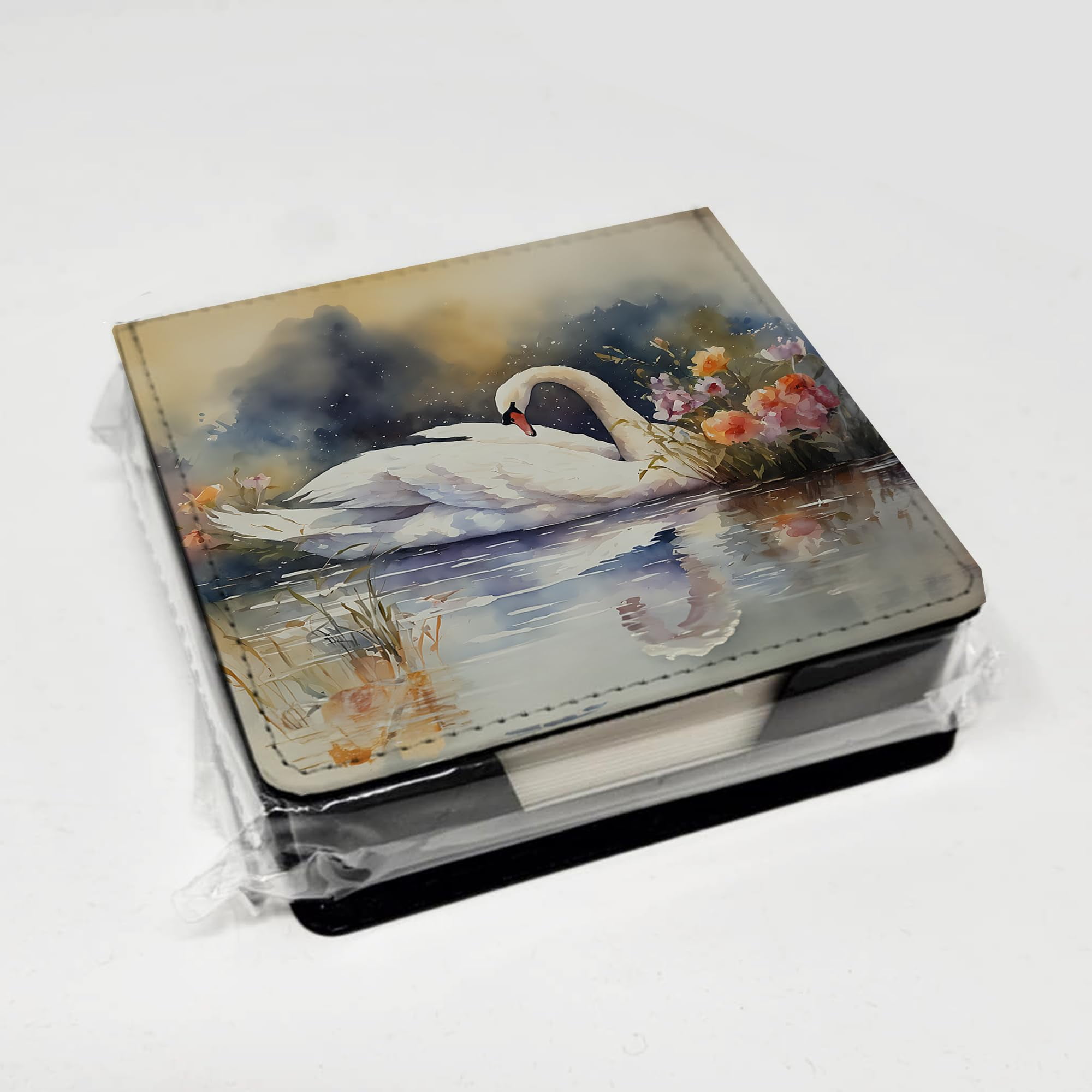 Caroline's Treasures Swan PU Leather Note Paper Holder with Artist-Designed Cover, Desk Accessory, Office Gift