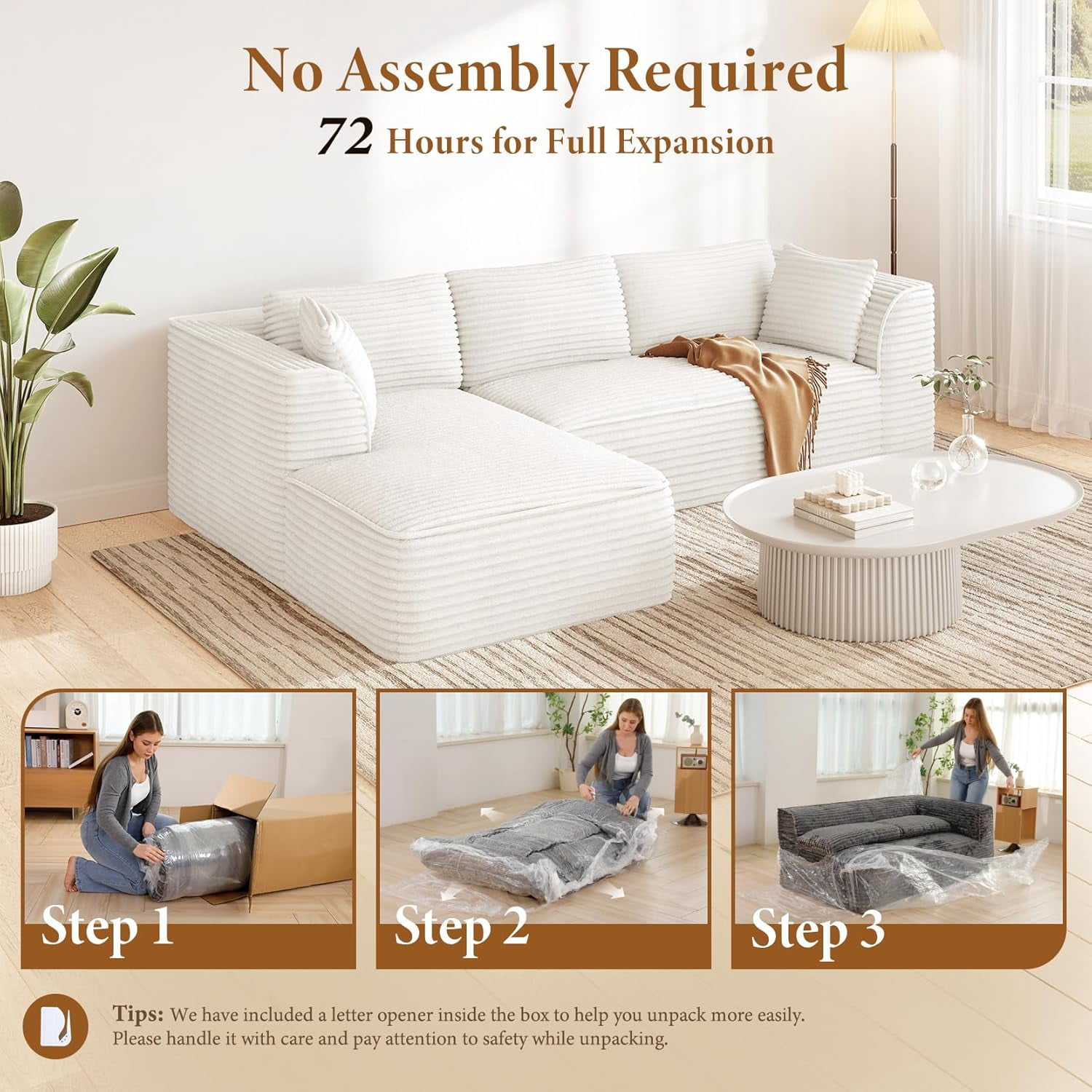 Neche 106" Boneless Couch with Chaise, Deep Seat Comfy Cloud Modular Sofa Corduroy Memory Foam Sectional Couches for Living Room Bedroom, No Assembly Required (Beige, Left-Facing Chaise)