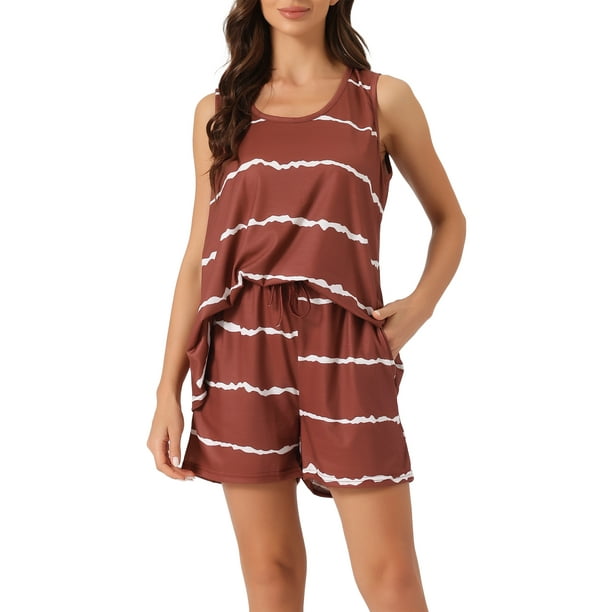 Conjuntos de pijama para mujer INSPIRE CHIC, camiseta sin mangas de cuello redondo a rayas con pantalones cortos, ropa de dormir de 2 piezas, XS Burdeos