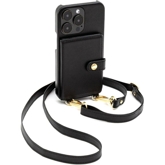 Bryten Crossbody Phone Case for iPhone 14 Pro and iPhone 13 Pro Case - Silverlake Vegan Leather with Adjustable Strap & Credit Card Holder Wallet, Shockproof Case - Black