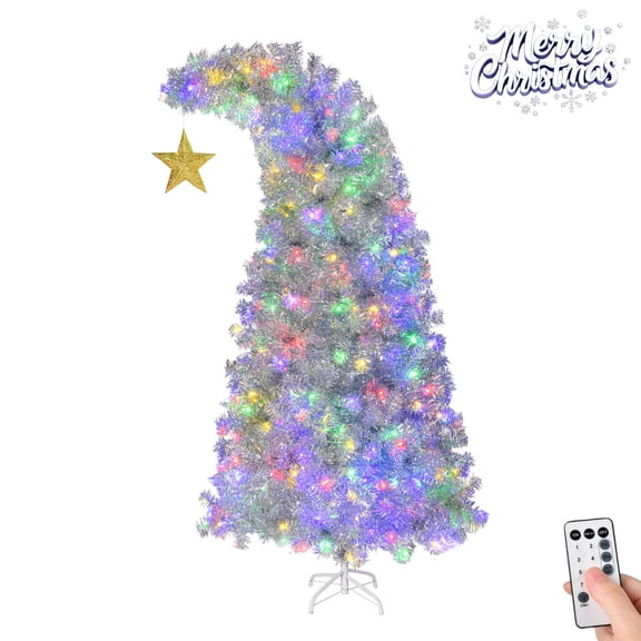 6ft Pre-Lit Silver Bent-Top Christmas Tree, 4-Color LEDs with 8 Light Modes & Remote-Controlled, Holiday Xmas Tree w/ Golden Top Star, 900 Branches, Sturdy Metal Base, Easy Assembly