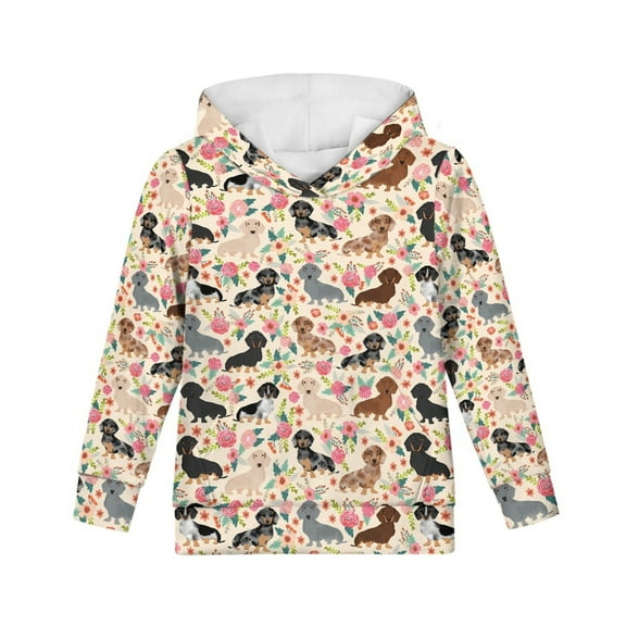Xoenoiee Retro Flower Dachshund Print Pullover Hoodies for Kids Long Sleeve Top Athletic Wear Loose Sportwear with Kangaroo Pocket for Fall Winter Soft Clothing, M