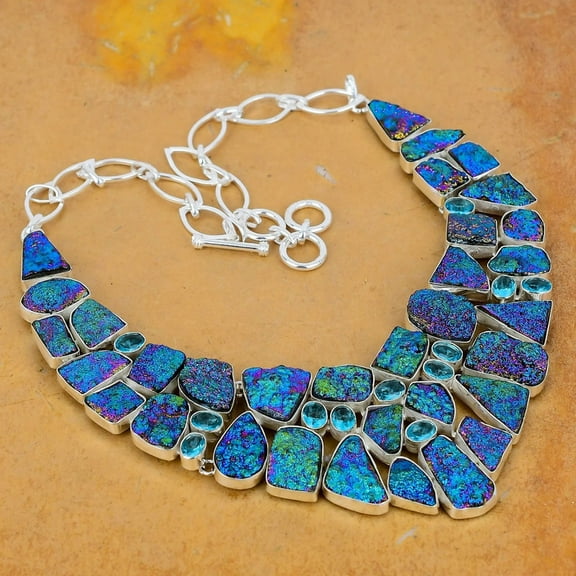 Titanium Druzy & Blue Topaz Necklace – Natural Sparkling Gemstone Pendant in 925 Sterling Silver Jewelry