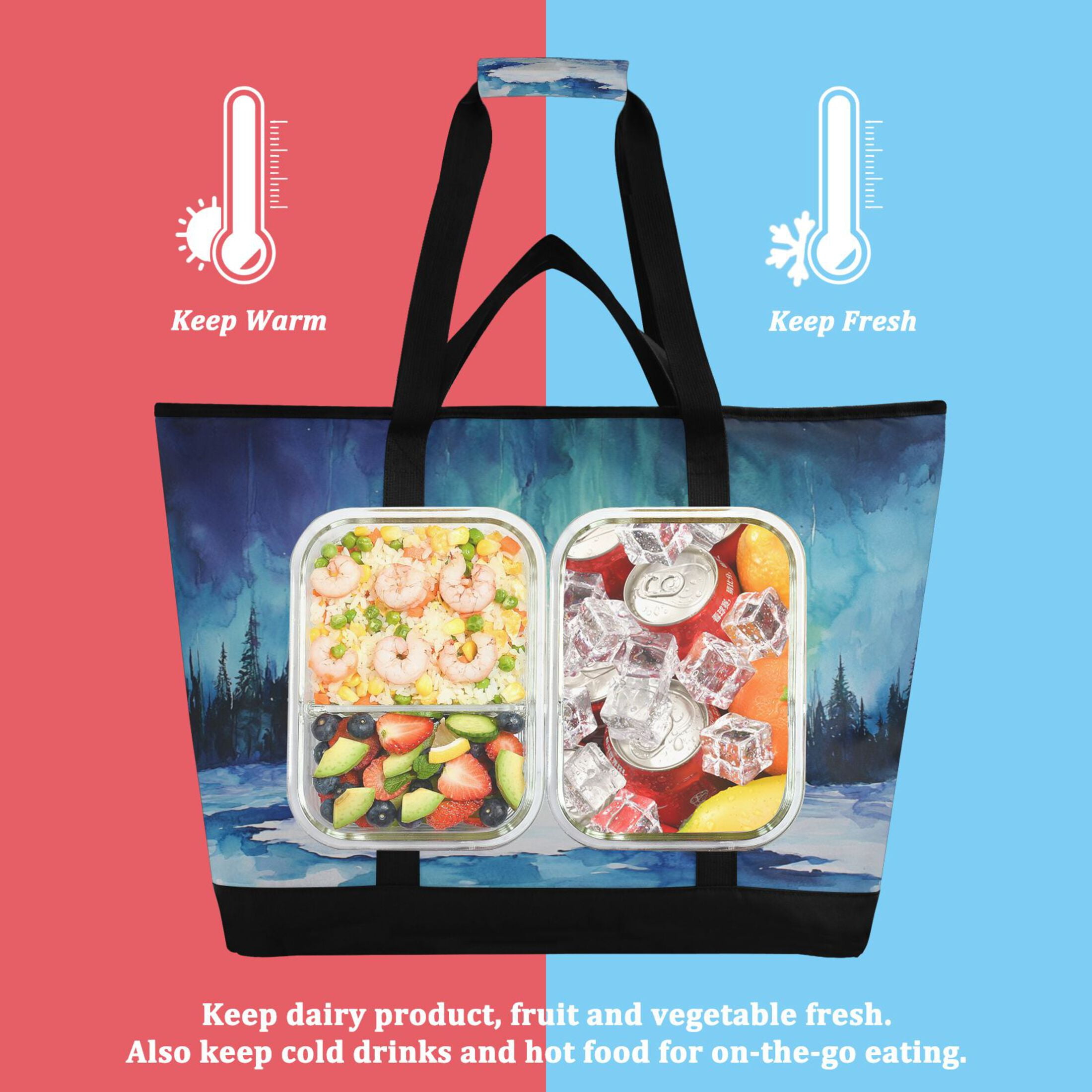 Large Hand-held Ice Pack Picnic Bag Insulation and Refrigeration Suitable for Shopping Picnics and Camping Aurora in The Forest