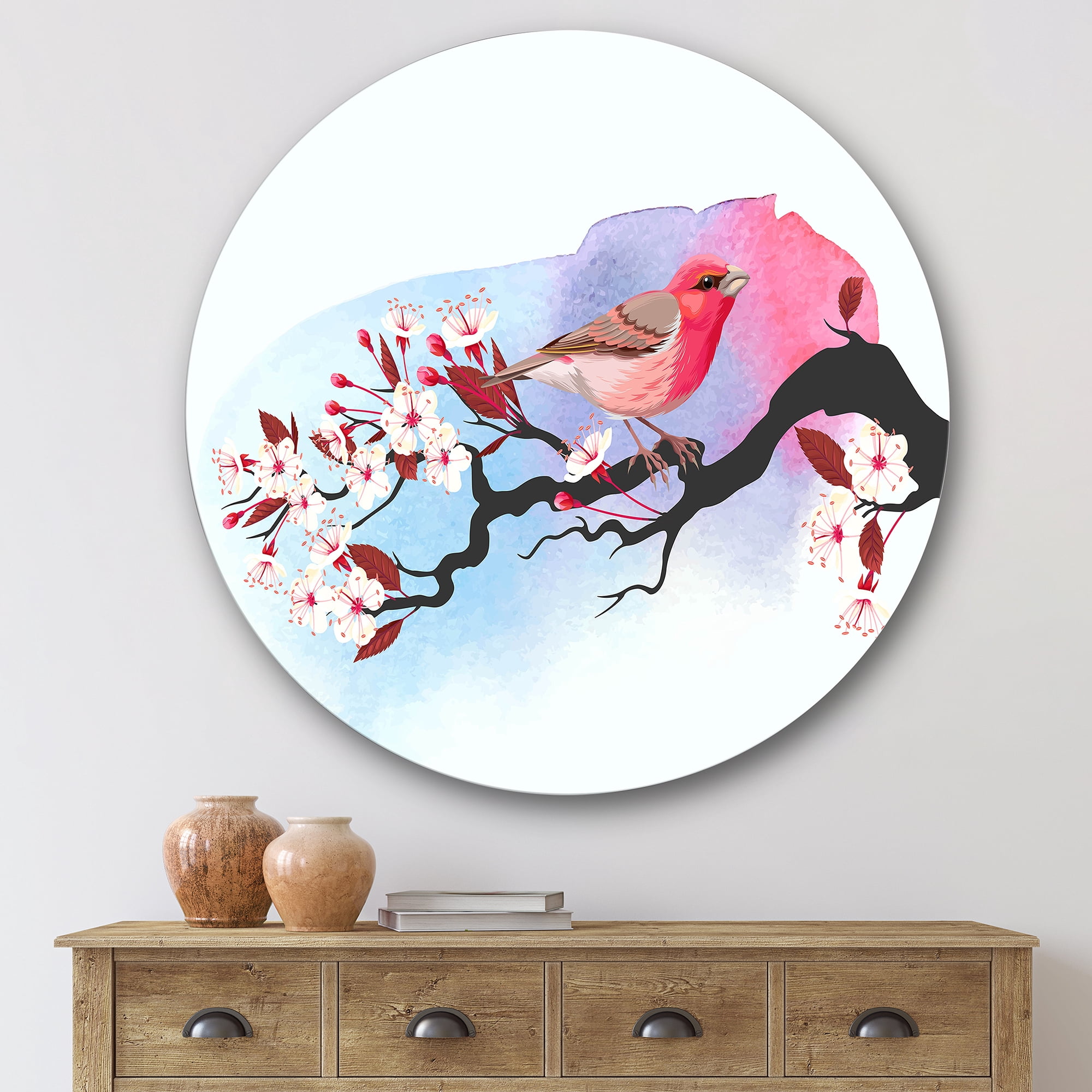 Designart 'Pink Bird Sitting On Cherry Branch' Traditional Circle Metal Wall Art 29x29 - Disc of 29