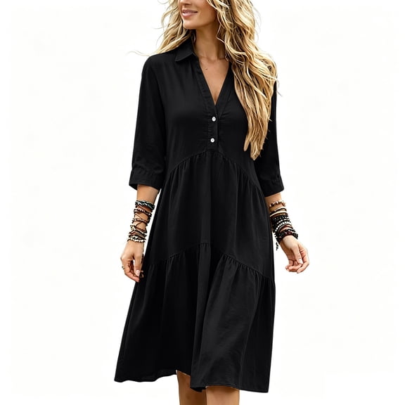 ClodeEU Women's Collar V Neck 3/4 Sleeve Tiered Mini Shirt Dress,Solid Loose Casual Dress Black,Women's Plus L