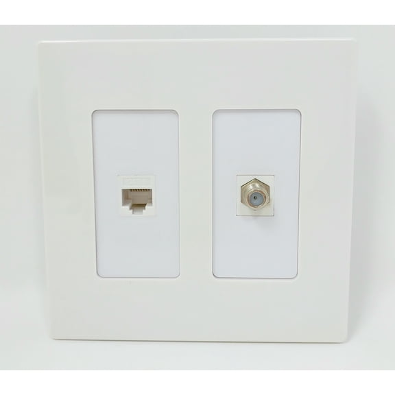 RiteAV - 1 Port Coax Cable TV- F-Type 1 Port Cat6 Ethernet Dual Gang Screwless Wall Plate - White