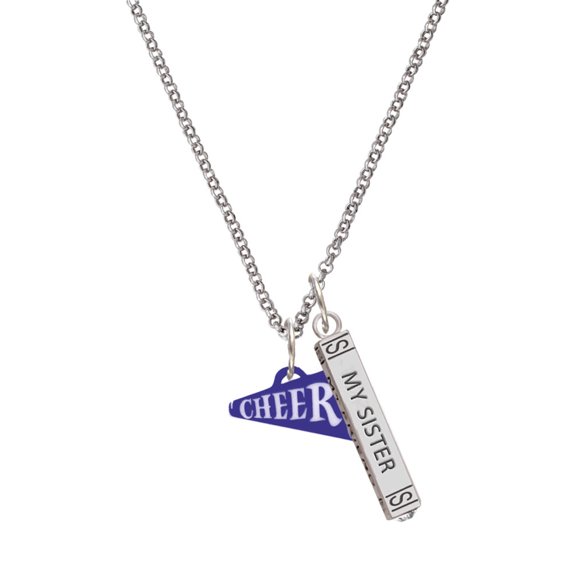 Delight Jewelry Acrylic 3/4" Navy Cheer Megaphone Silvertone Always My Sister Bar Charm Necklace, 23"