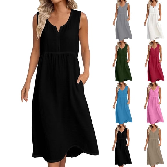 Xaqiouau Solid Womens Solid Sleeveless Midi Dress Casual Summer V Neck Loose Fit A Line Dress with Pockets Flowy Everyday Dress