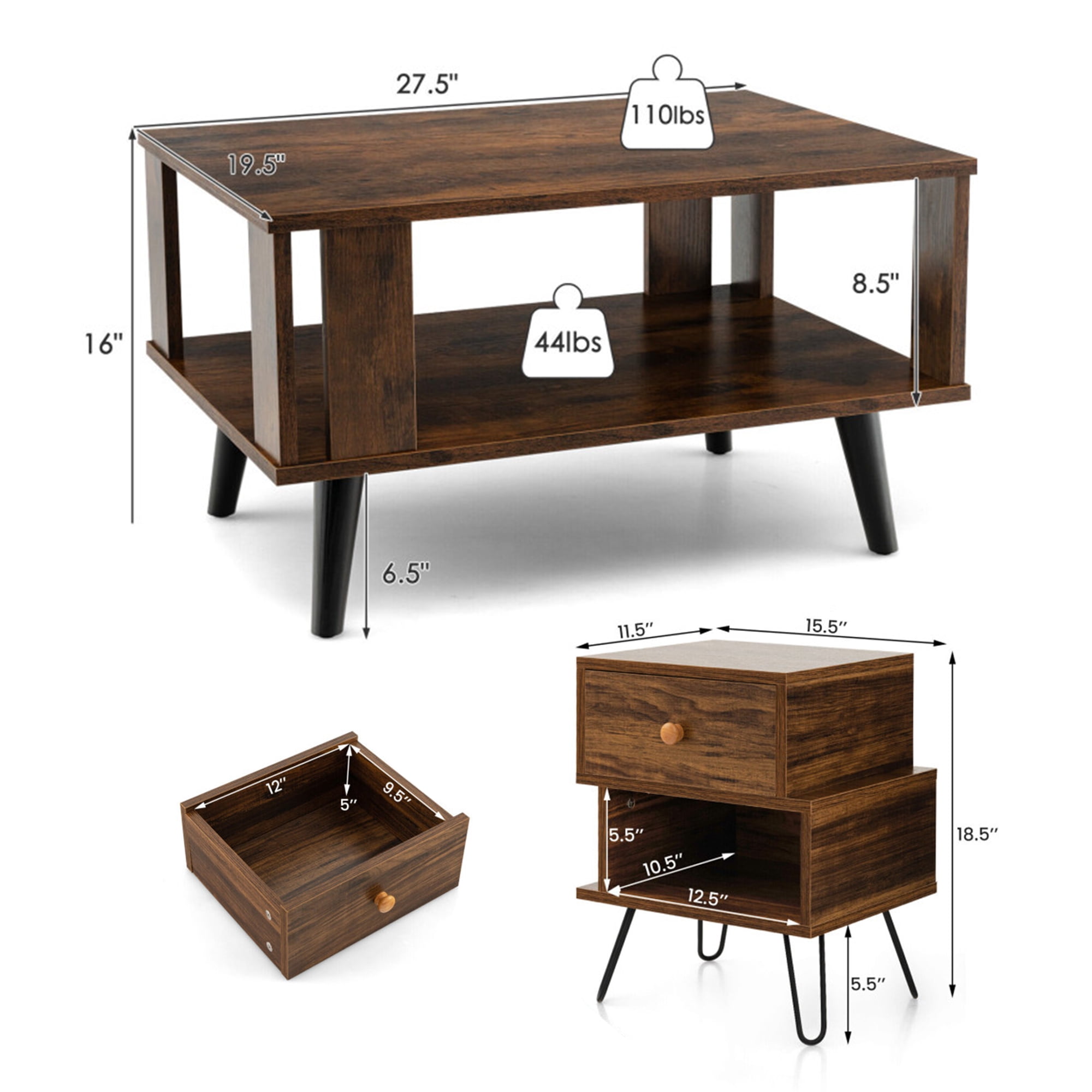 Demi Bonn 3-Piece Coffee Table Set, Compact Retro Mid-Century Coffee Table & 2 Irregular 2-Tier Wooden Nightstands with Elevated Metal Feet, for Living Room, Brown