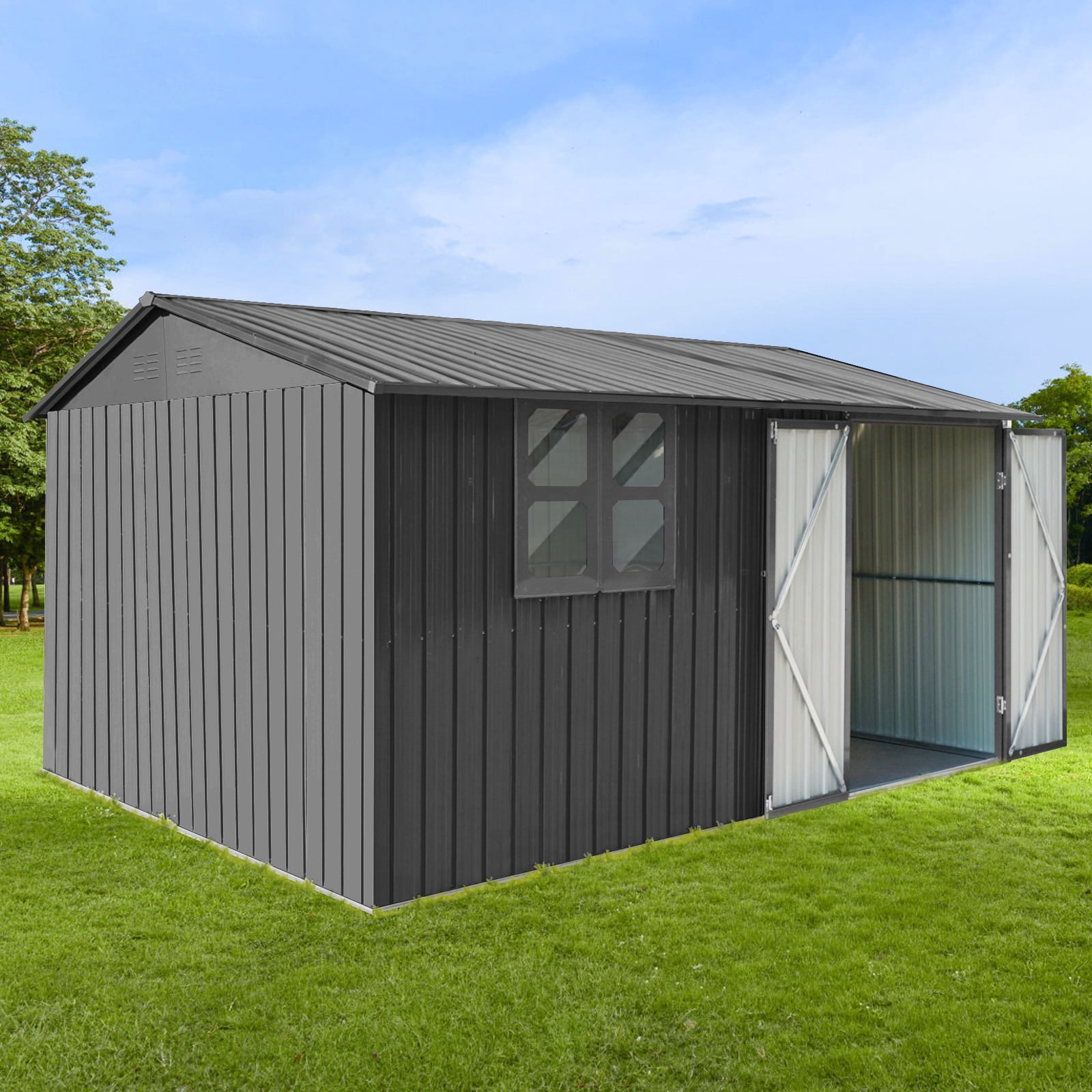 Mintazer 12×10 Ft All-Weather Metal Outdoor Storage Shed, Large Garden Tool Storage Building with Window for Backyard Lawn Patio, Gray