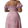 thumbnail image 3 of Femmes Casual Côté Divisé Robe Florale/solide Manches Bouffantes Lacets Bas Coupe Slim Plage Robes d'Été Sans Manches Robes, 3 of 5