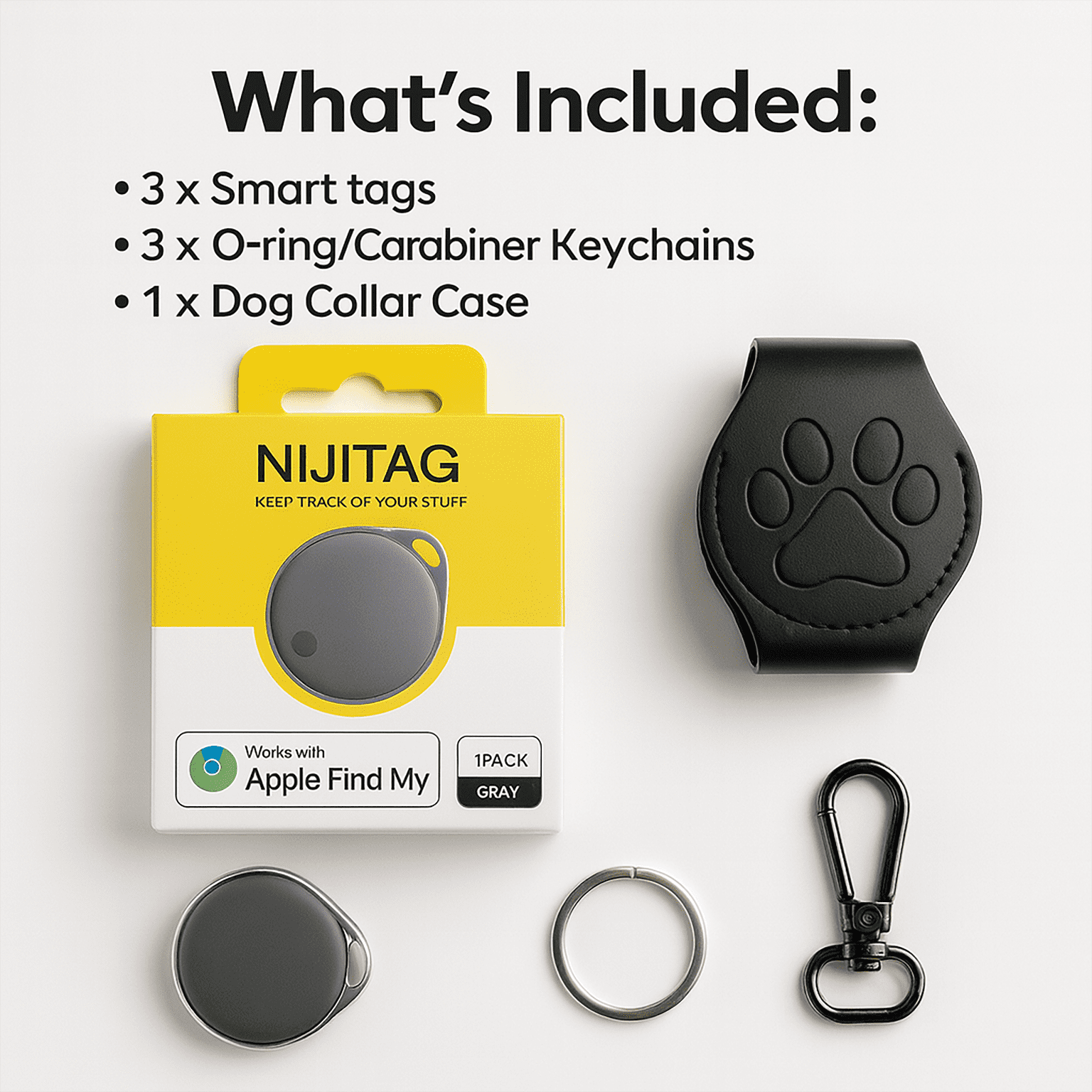 NIJITAG Smart Item Finder with Dog Collar case By LINKSTYLE — Unlimited Range with Apple Find My Network, Waterproof, No Subscription needed, iOS Only (3-Smart Tags + 1-Case)
