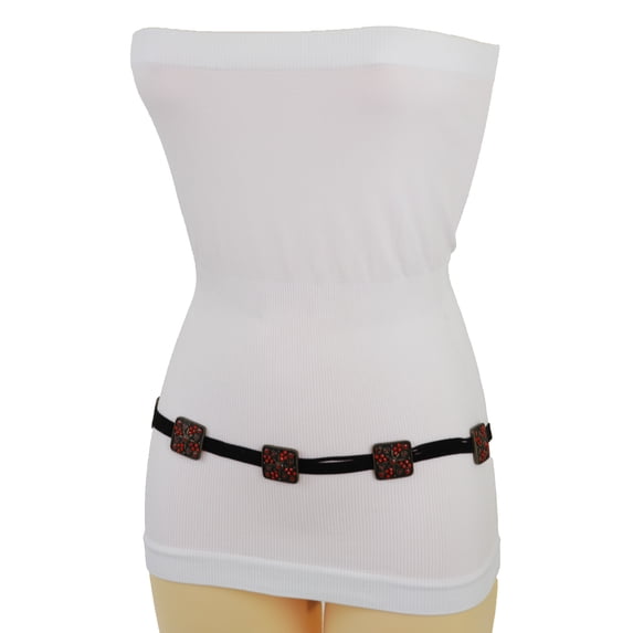 Women Gold Metal Square Charms Black Tie Belt Red Beads Flower S M