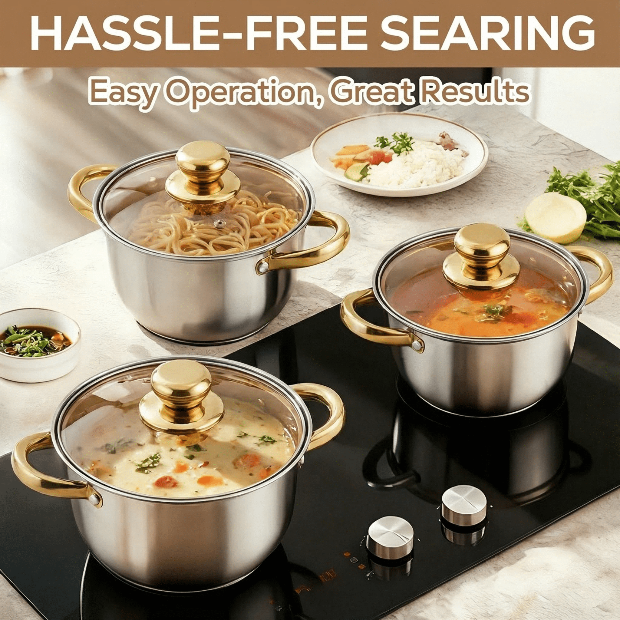 Bestdin Stainless Steel 8 Pieces Cookware Set with Lids, Gold Pots and Pans Kitchen Set Includes 4 Pots and 4 Visible Lids, Dishwasher-Safe