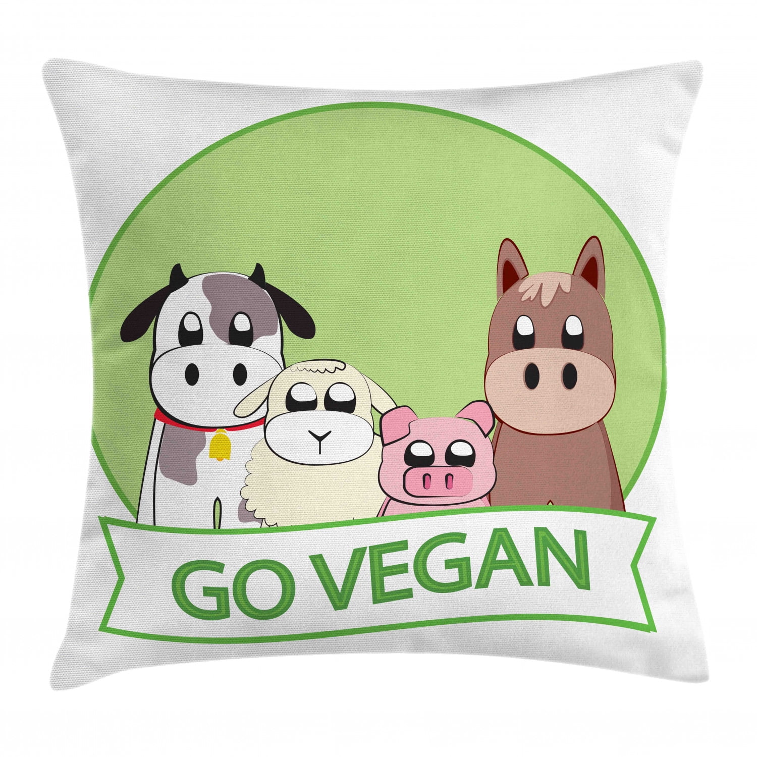 Vegan Throw Pillow Cushion Cover, Sweet Cartoon Style Farm Animals and the Go Vegan Slogan on a