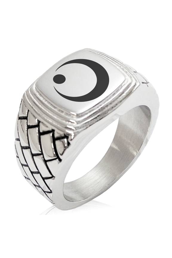 Stainless Steel Obu Samurai Crest Geometric Pattern Step-Down Biker Style Polished Ring