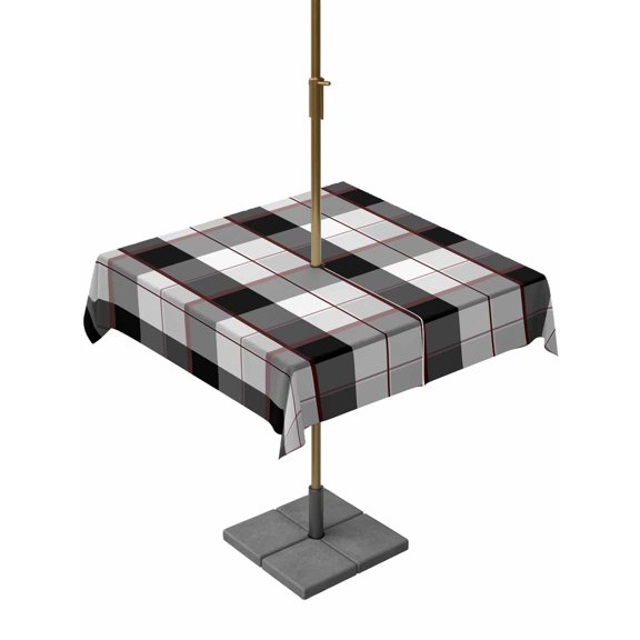 Outdoor Tablecloth with Umbrella Hole for Patio/Picnic/Party/Camping, Black Grey Plaid Waterproof Table Cloth Square Cover Washable, Modern Abstract Ombre Gingham Checkered (60"x 60")