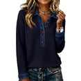 thumbnail image 3 of Textilo Denim Collar Pullover Sweaters for Women Patchwork Denim Waffle Knit Sweater Long Sleeve Half Button Collared Tops Retro Loose Fit 2026 Fall Winter Fashion Outfits,Navy 2XL, 3 of 6