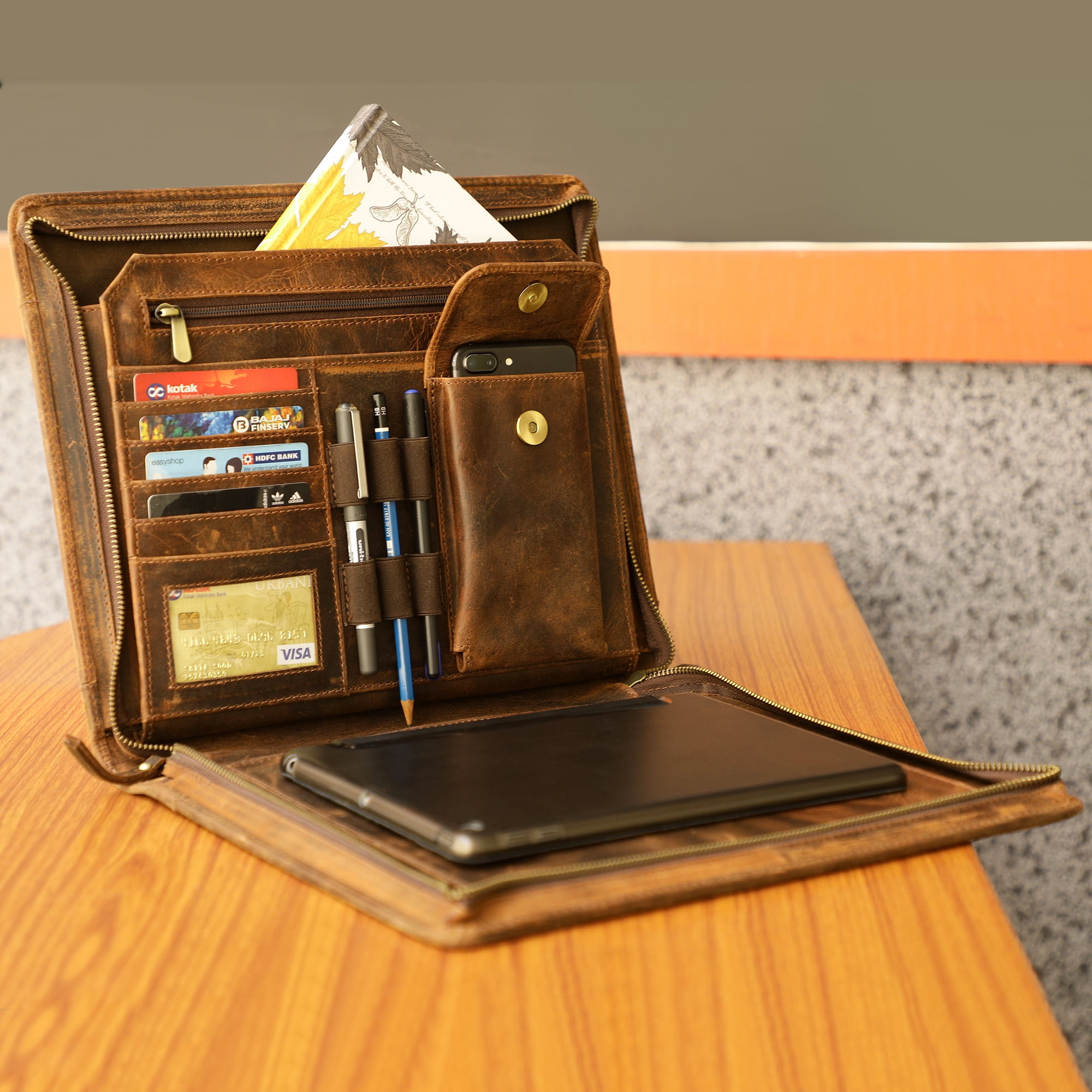 Rustic Town Rustic Town Genuine Leather Business Portfolio, Vintage