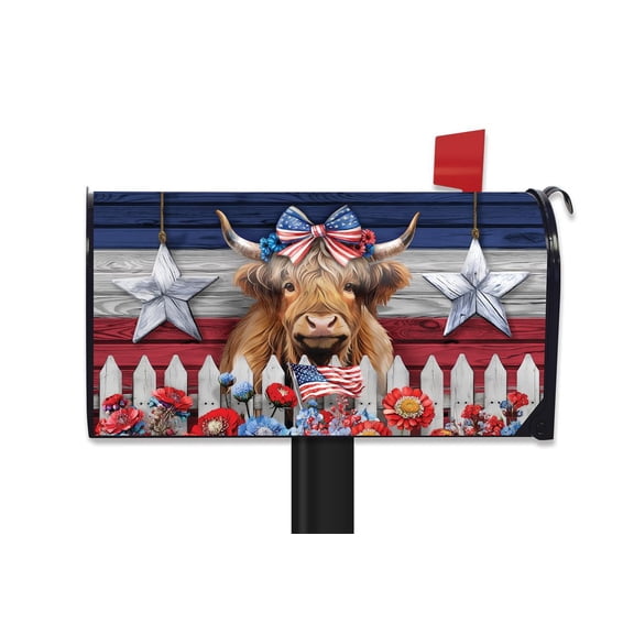Briarwood Lane Summer Mailbox Cover  - Standard Size - Patriotic Highland Cow For Summer Mailbox Cover