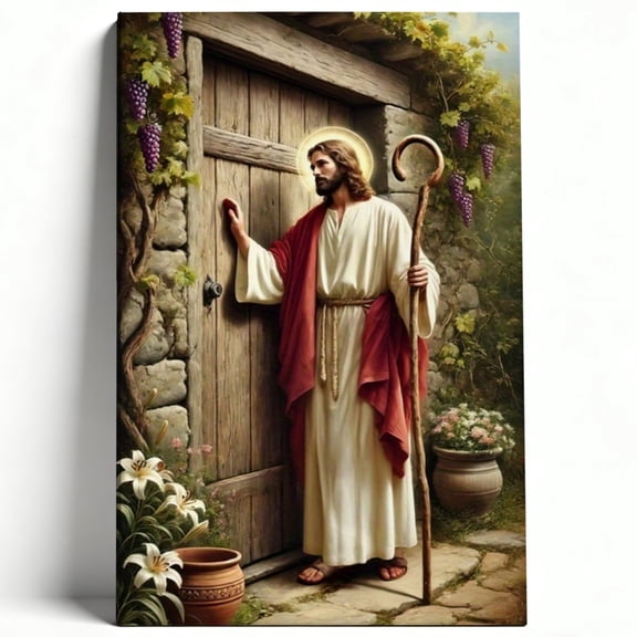 Jesus Knocking at the Door Canvas Wall Art Good Shepherd Portrait Poster Religious Christian Living Room Decor Faith Painting Print Ready to Hang 8*12
