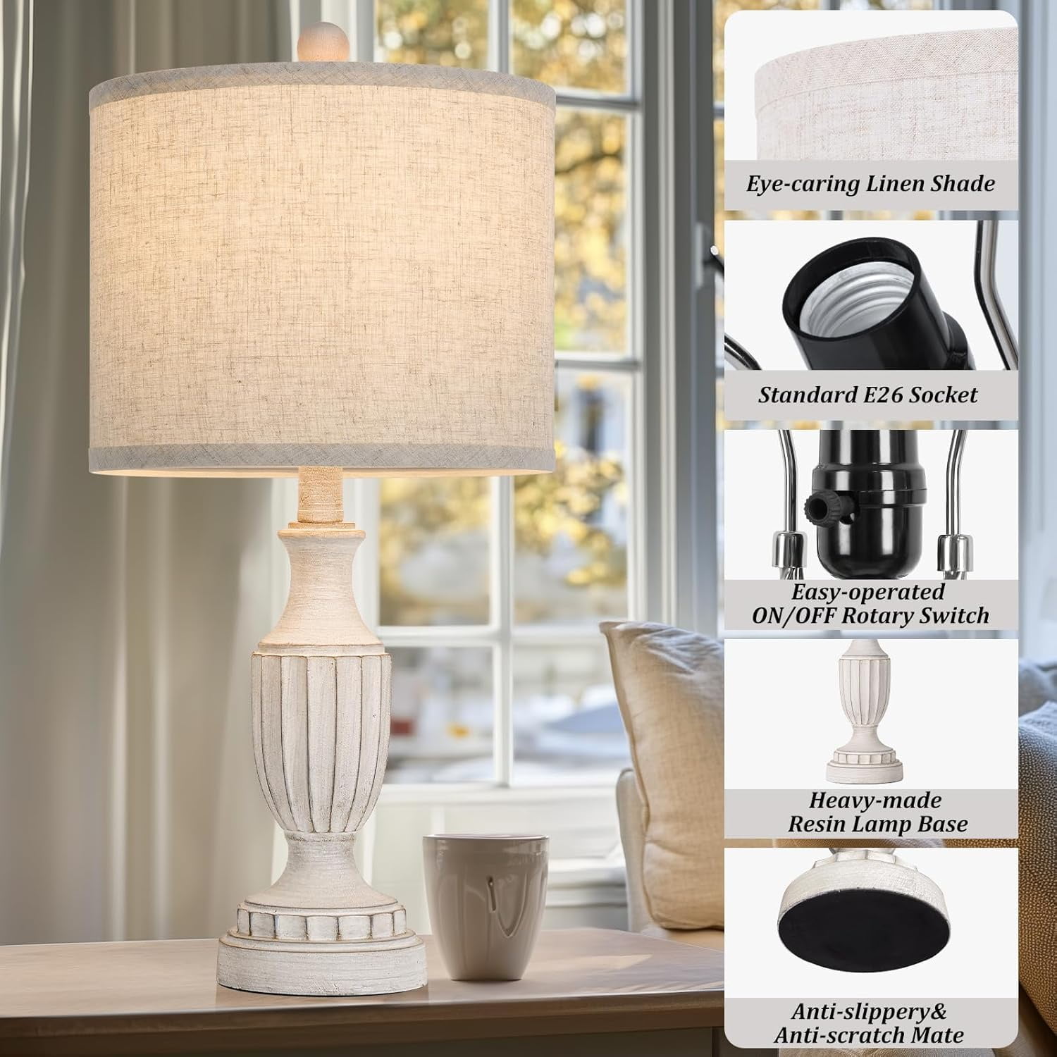 Nordic Hygge Set of 2 White Rustic Vintage Table Lamps for Living Room Bedroom