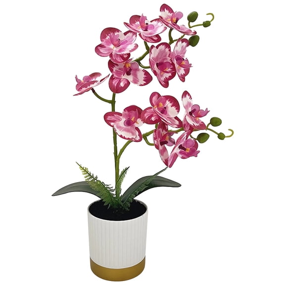 Potted Artificial Phalaenopsis Orchid, Real Touch Fake Flowers with Striped Ceramic Planter, Pink Orchids Artificial Flowers, Lifelike Silk Plant for Home Decor, Office Desk, Shelf