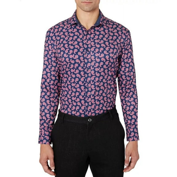 Tallia NAVY/RED Men's Slim-Fit Performance Stretch Paisley Print Shirt, US Small