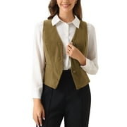 Allegra K Women's Waistcoat Steampunk Velvet Christmas Sleeveless Button Down V-Neck Suit Vests L Khaki