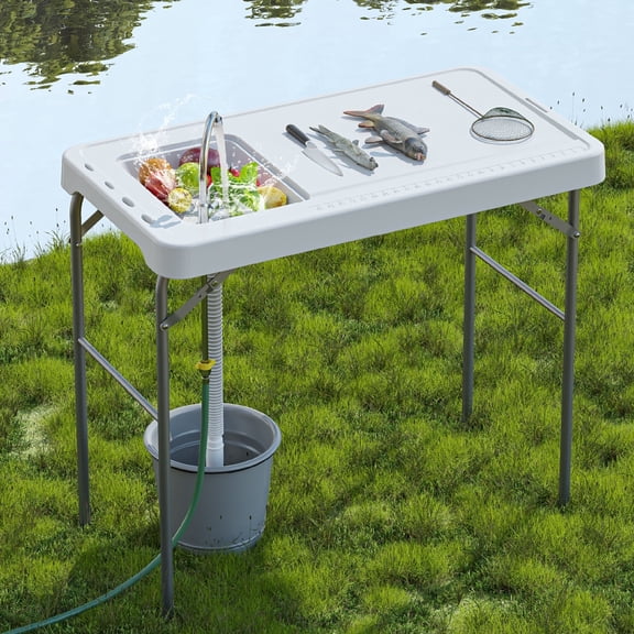 EVOKEDEN 42.5" Fish Cleaning Table w/ Sink, Folding Camping Table & Fish Cleaning Station w/ Measure Mark