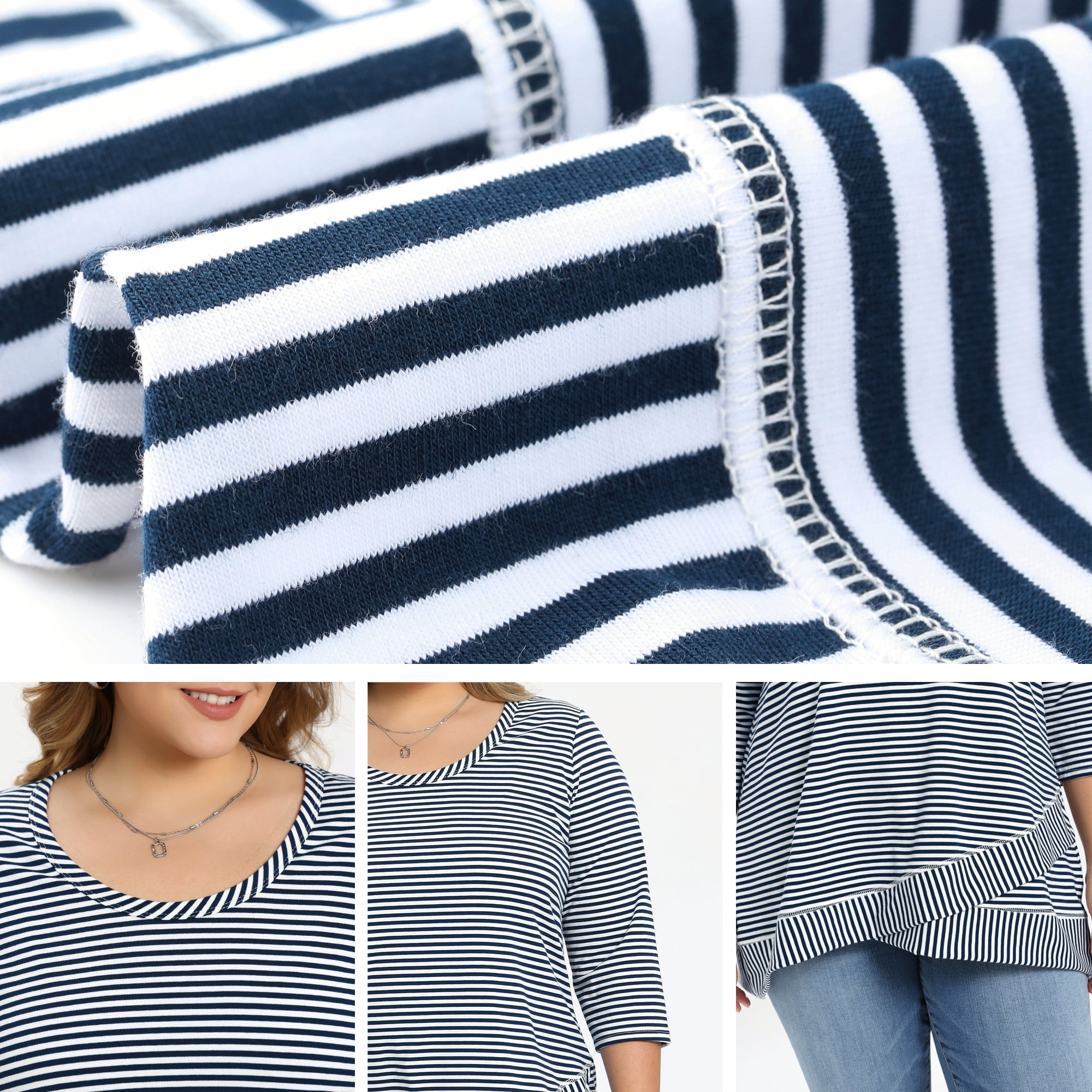 Women's Plus 3/4 Sleeve Striped Loose Casual Tunic Top Scoop Neck High Low Hem Blouse 2X Navy Blue