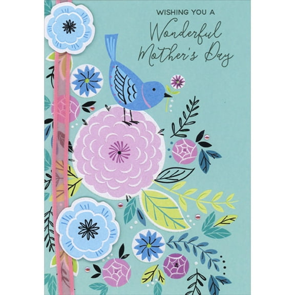 Designer Greetings Blue Bird Holding Small Flower on Purple Flower, 3D Blue Flowers, Ribbon and Gems Hand Decorated Mother's Day Card