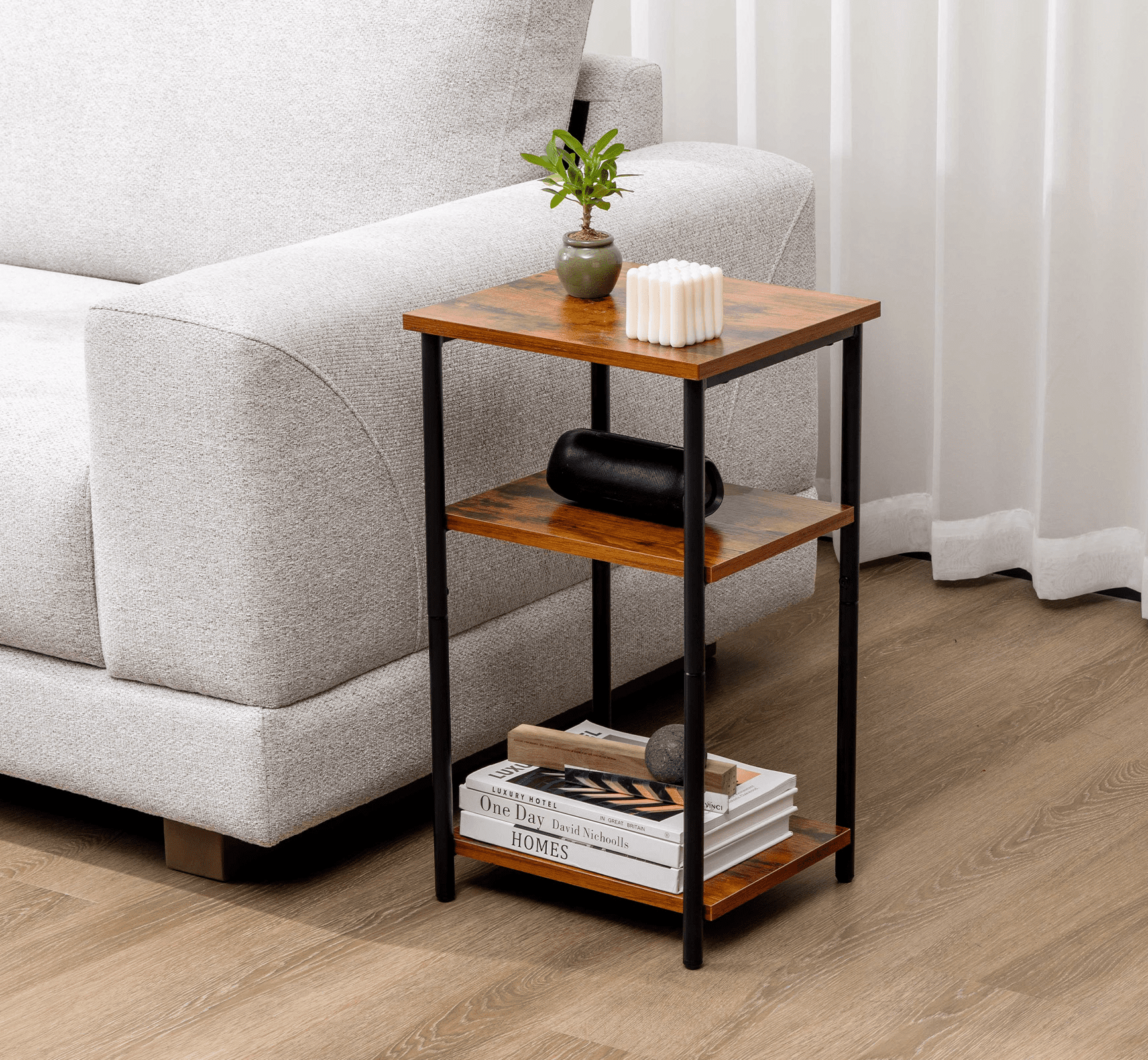 MAYEERTY 3-Layer Coffee Table - Adjustable Height, Small Bedside Table with Storage Shelf, Space-Saving for Bedroom/Living Room/Office.