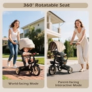 JoyStone 7 in 1 Foldable Tricycle Stroller for Toddler, Baby Tricycle with Adjustable Canopy, Parent Handle, Removable Pedals, Seat Belt and Storage Basket, Kids Bike for Ages 1-6 Boys & Girls, Khaki