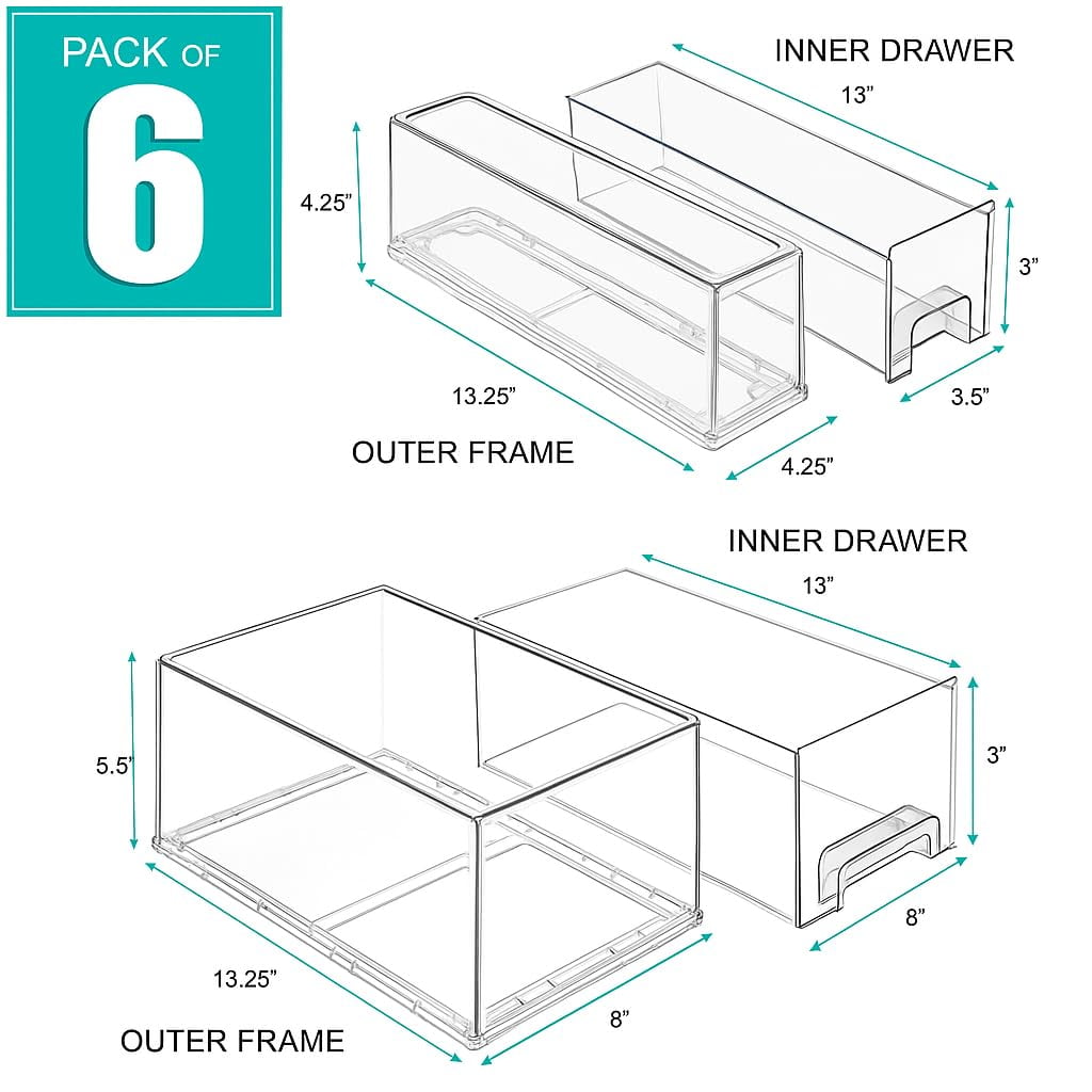 Sorbus Stackable Storage Drawers, Clear Plastic Organizer Bins with Handles, 2 Large & 4 Small