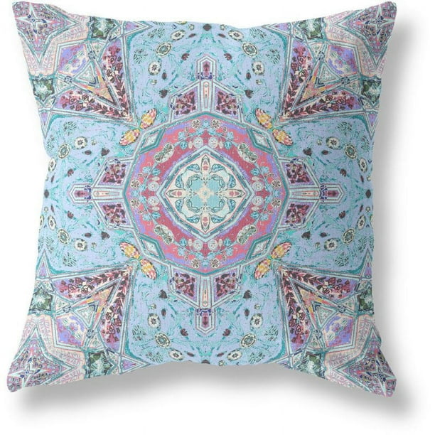 Buddha Flower Ceremony Indoor Outdoor Fabric Pillow in Light Blue