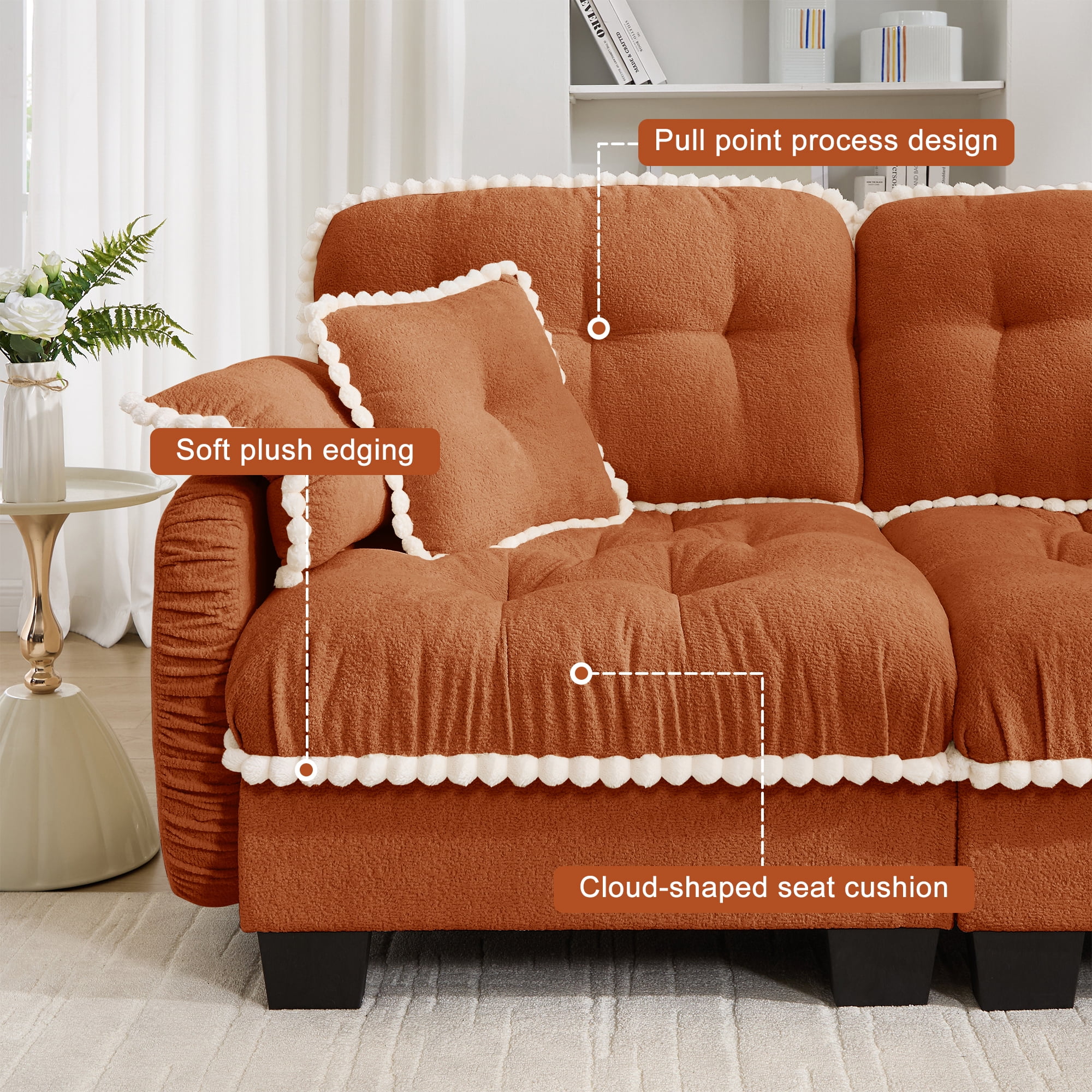 Anpport 131" Chenille Cloud 4‑Seater Sofa with 4 Pillows, Pom‑Pom Trim, Quilted Tufted Ergonomic, Easy Assembly Deep Seat for Living Room Apartment, Orange