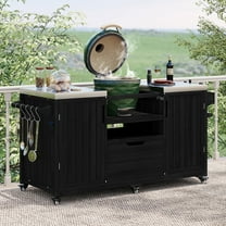 66.5" Outdoor Grill Cart, Solid Wood Kitchen Island with Stainless Steel Top, Drawer, Compatible with up to Large Big Green Egg, Kamado, Joe for Barbecue Outdoor Gathering(Black )