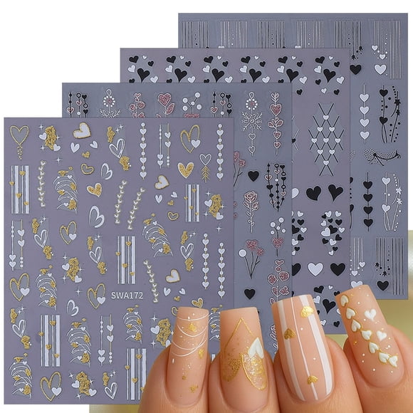 Calcomanías para Uñas KTAABTR Corazones Brillantes de San Valentín 4 Hojas