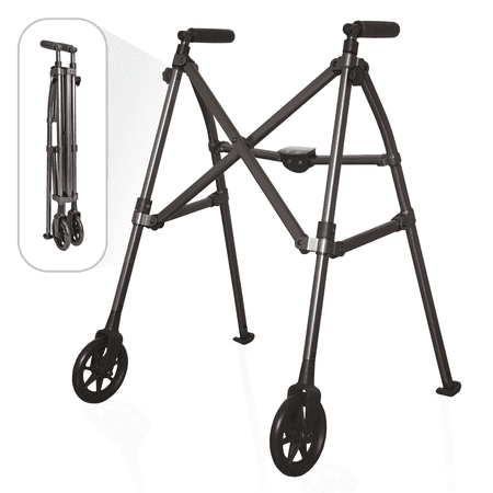 Stander Space Saver Walker, Lightweight Folding Walker for Seniors, Adult Walker with Wheels, Two Wheeled Rolling Walker with Rear Ski Glides, Black Walnut