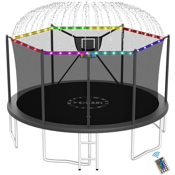 YORIN Trampolines Outdoor with Sprinkler and Lights, 1500LBS 16FT Trampoline for Kids and Adults, Backyard Heavy Duty Trampoline with Enclosure Net, Basketball Hoop, Ladder, Birthday Gift