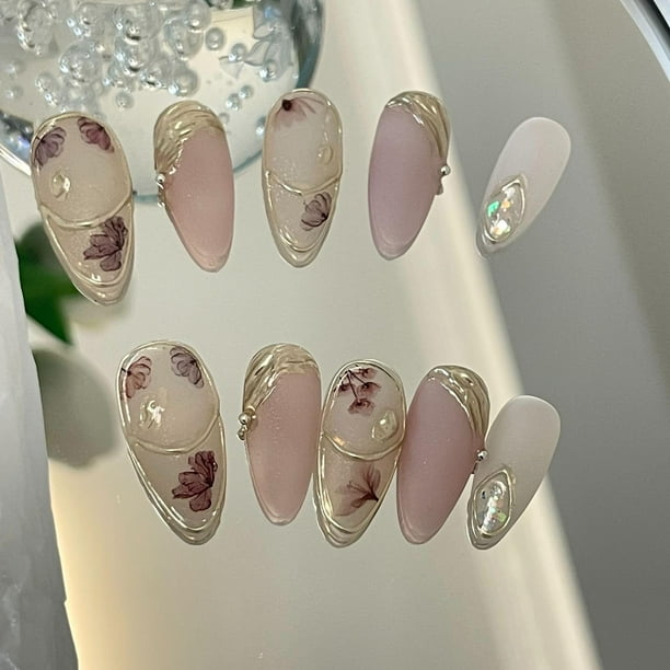 Press On Nails JIEADJIE, diseño rosa almendra mate, 3 tamaños