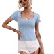 thumbnail image 1 of Top de punto con cuello en U para mujer Camisa de punto de manga corta ajustada de color puro informal para el hogar diario al aire libre Azul claro M, 1 of 8