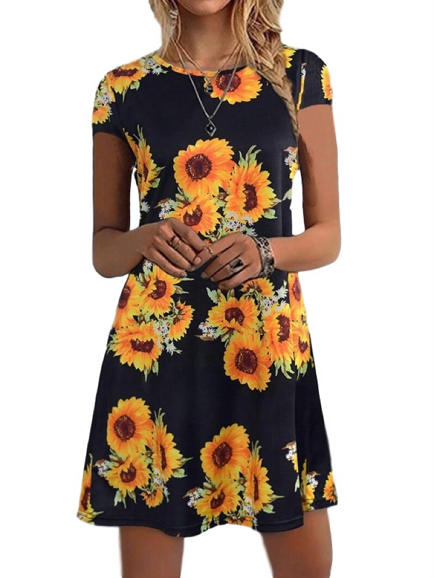 Mini Dress for Women Bohemian Sunflower Printed V Neck Short Sleeve A Line Pleated Ruffle Hem Summer Dresses