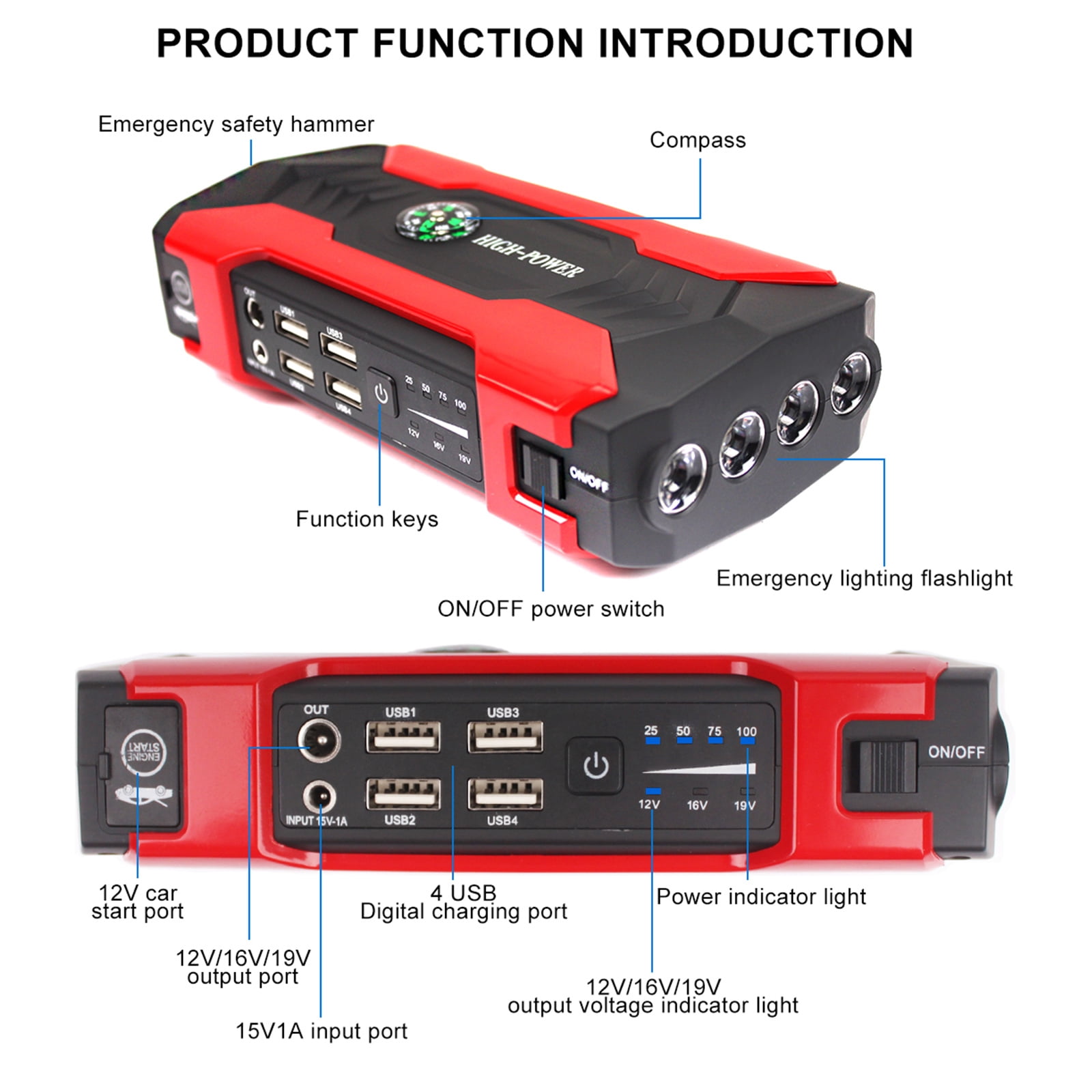 Airkoul 99800mAh Portable 800A Peak Current, Car Jump Starter, Black and Red