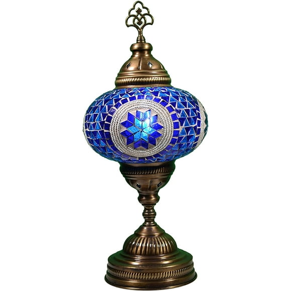 KusKuus Handmade Turkish Lamp, Decorative Moroccan Lamp, Mosaic Boho Bedside Night Lamp, Vintage Mosaic Table Lamp Stained Glass Globe and Brass Colored Base with 8W LED Bulb and US Plug BSC1